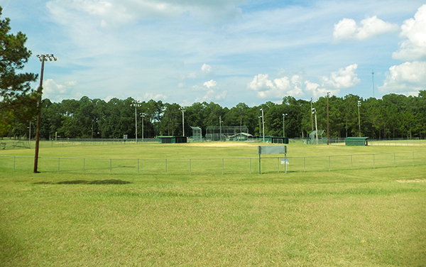 Baseball fields, fencing and sports lighting at Lebron Eubanks Memorial Park in Pelham, Georgia