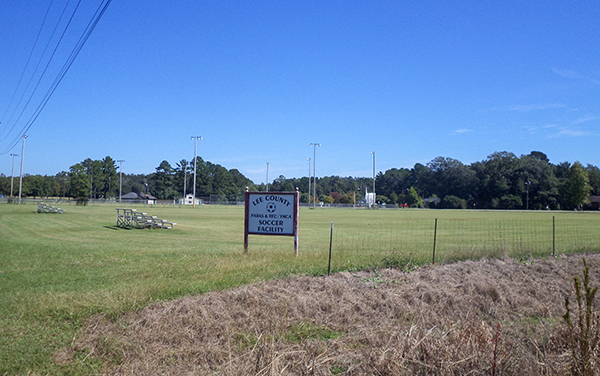 Soccer fields and bleachers at the Lee County Parks and Recreation facility in Leesburg, Georgia