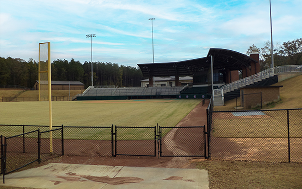 Baseball field, spectator stands and fencing at Little League Southeast Park in Warner Robins, Georgia