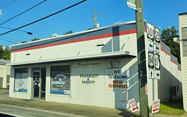 Exterior of Ludowici Drugs at a highway junction in downtown Ludowici, Long County, Georgia