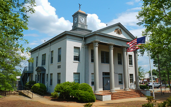 Marion County Courthouse in Buena Vista, Georgia — neoclassical revival building with columned portico and clock tower, listed on the National Register of Historic Places