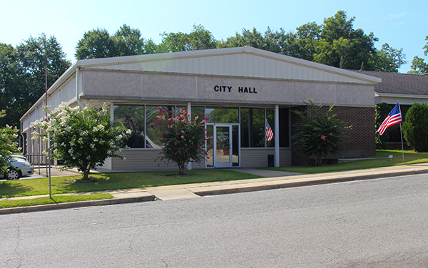 McRae-Helena City Hall building with flags and flowering trees in Telfair County, Georgia