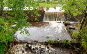 Water flowing over the possible foundation of Myrick’s Mill in Twiggs County, Georgia