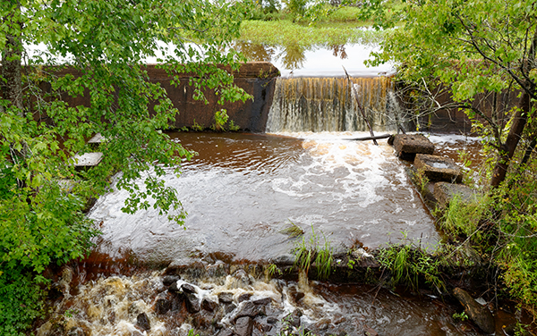 Water flowing over the possible foundation of Myrick’s Mill in Twiggs County, Georgia