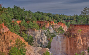Colorful canyon walls and pine trees at Providence Canyon State Park in Stewart County, Georgia, featured by Bliss Products and Services
