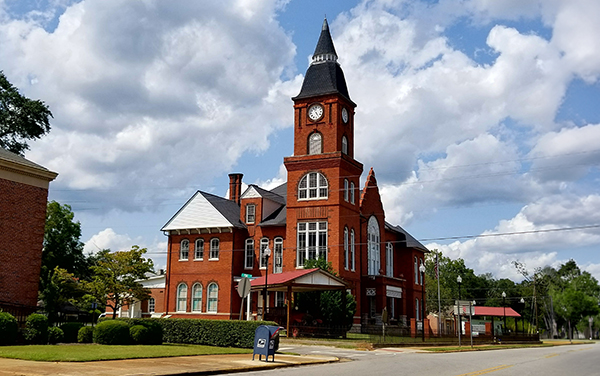 Historic Randolph County Courthouse with clock tower in Cuthbert, Georgia