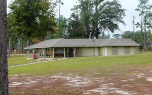 Picnic shelter and open recreation grounds at Seminole State Park in Seminole County, Georgia
