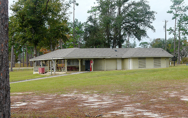 Picnic shelter and open recreation grounds at Seminole State Park in Seminole County, Georgia