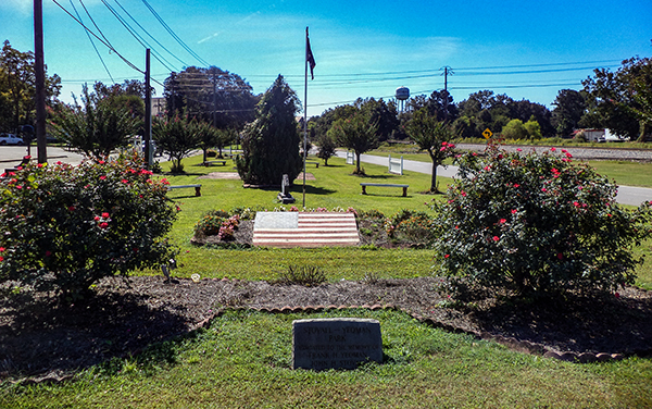 Landscaped grounds, flowers and memorial features at Stovall Yeoman Park in Leesburg, Georgia