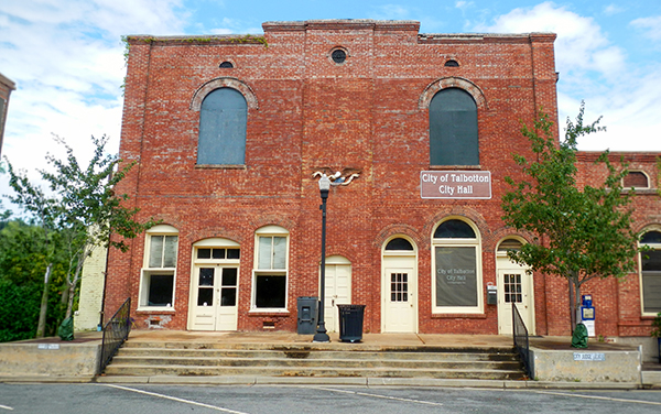 Historic brick Talbotton City Hall building in Talbot County, Georgia