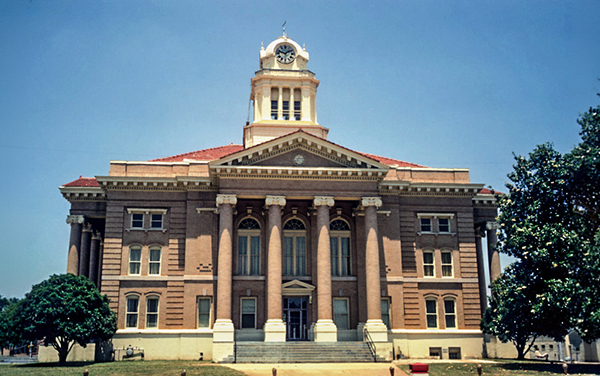 The historic Upson County Courthouse in
Thomaston, Georgia, a 1908 neoclassical
brick building with Ionic columns and a
clock tower