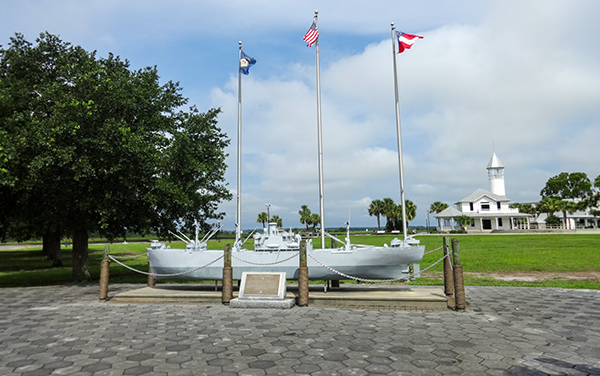 World War II Liberty ship memorial and flagpoles at Mary Ross Waterfront Park in Brunswick, Georgia