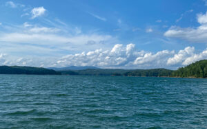 Open water and forested mountain ridges at Carters Lake in north Georgia