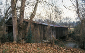 Historic wooden Cromer’s Mill Covered Bridge crossing Nails Creek in Franklin County, Georgia