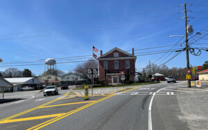 Road approach to the Dawson County Courthouse traffic circle in Dawsonville, Georgia