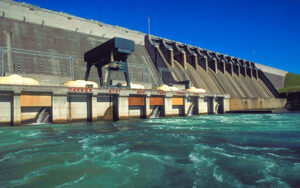 Concrete spillway and power-generation structure at Hartwell Dam on the Savannah River near Hartwell, Georgia.