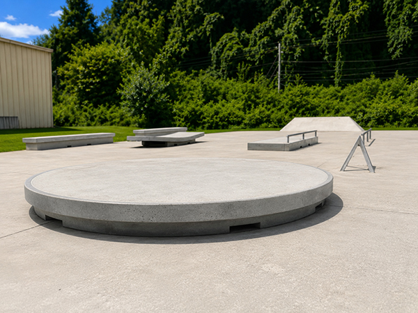 Circular concrete skate platform with rails, ledges and a bank at Mark Watson Park in Sylva, North Carolina
