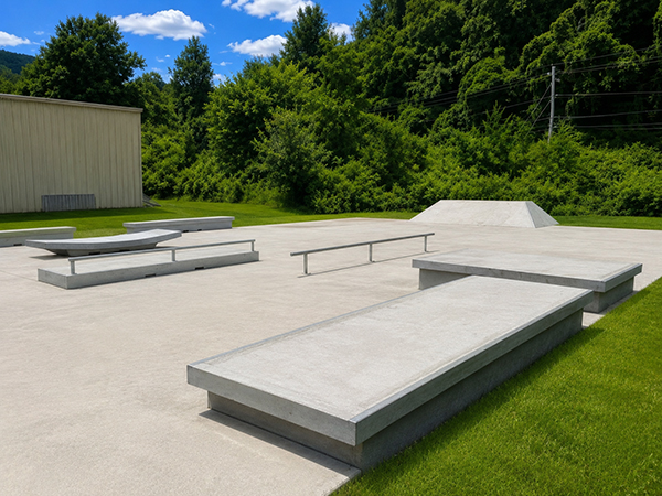 Raised concrete ledges, grind rail and bank at the Jackson County skate park in Sylva, North Carolina
