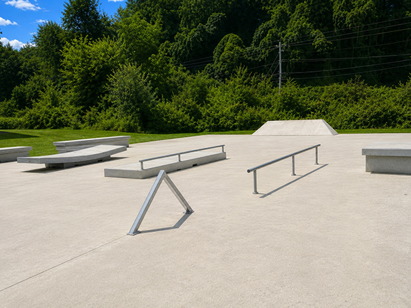 Low grind rails, concrete ledge and bank feature at the Jackson County skate park in Sylva, North Carolina