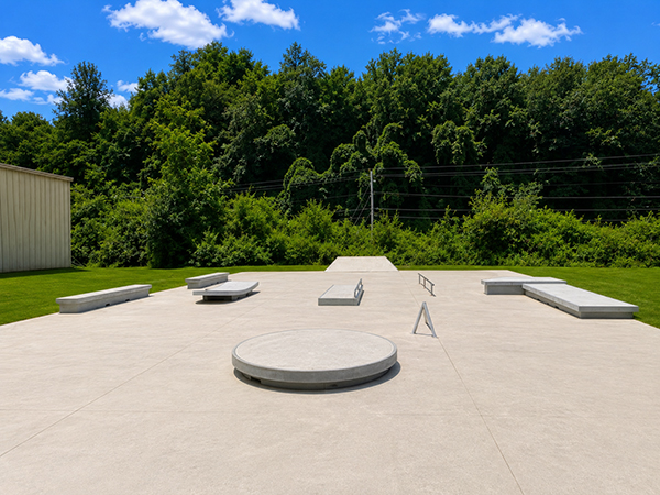 Wide view of the circular platform, rails, concrete ledges and bank at the Jackson County skate park in Sylva, North Carolina