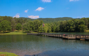 Lake and boardwalk at James H. Floyd State Park in Chattooga County, Georgia