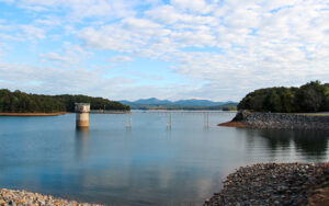 Lake Blue Ridge viewed from Blue Ridge Dam, representing Fannin County boat access, picnic areas, trails, seating, shade, and outdoor recreation planning.
