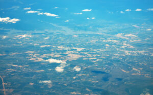 Aerial view of Milledgeville and Lake Sinclair across the central Georgia landscape