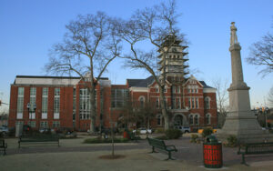 Henry County Courthouse, monument, benches, and landscaped public square in downtown McDonough, Georgia.