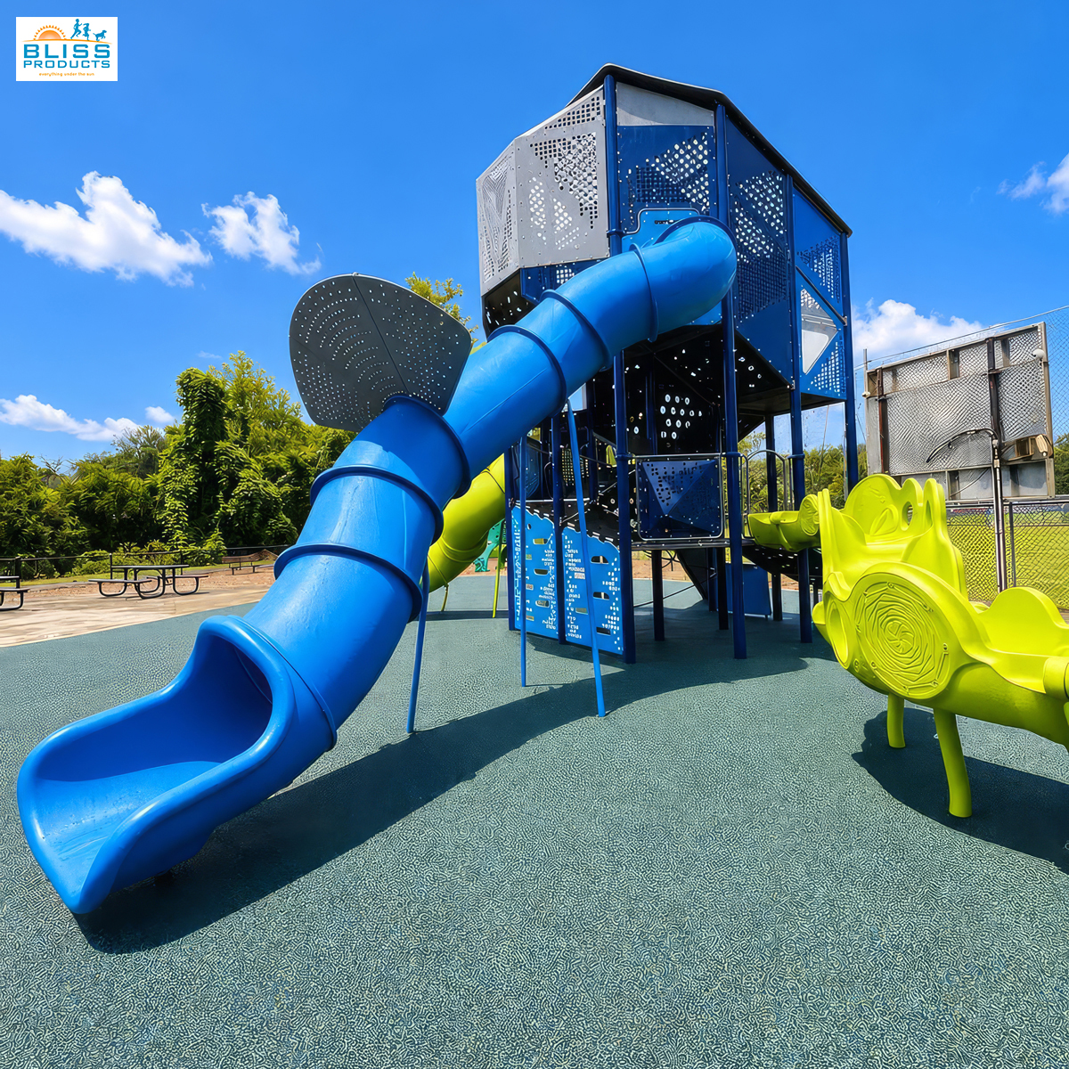 Blue enclosed tube slide and Olympus Tower at Clay County Sports Complex in Hayesville, North Carolina.