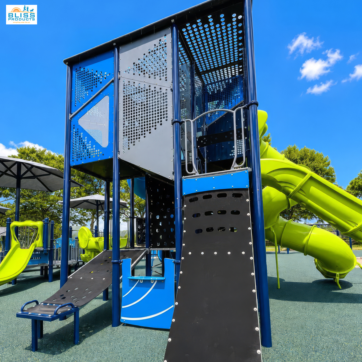 Climbing panels and access features on the Olympus Tower at Clay County Sports Complex in Hayesville, North Carolina.