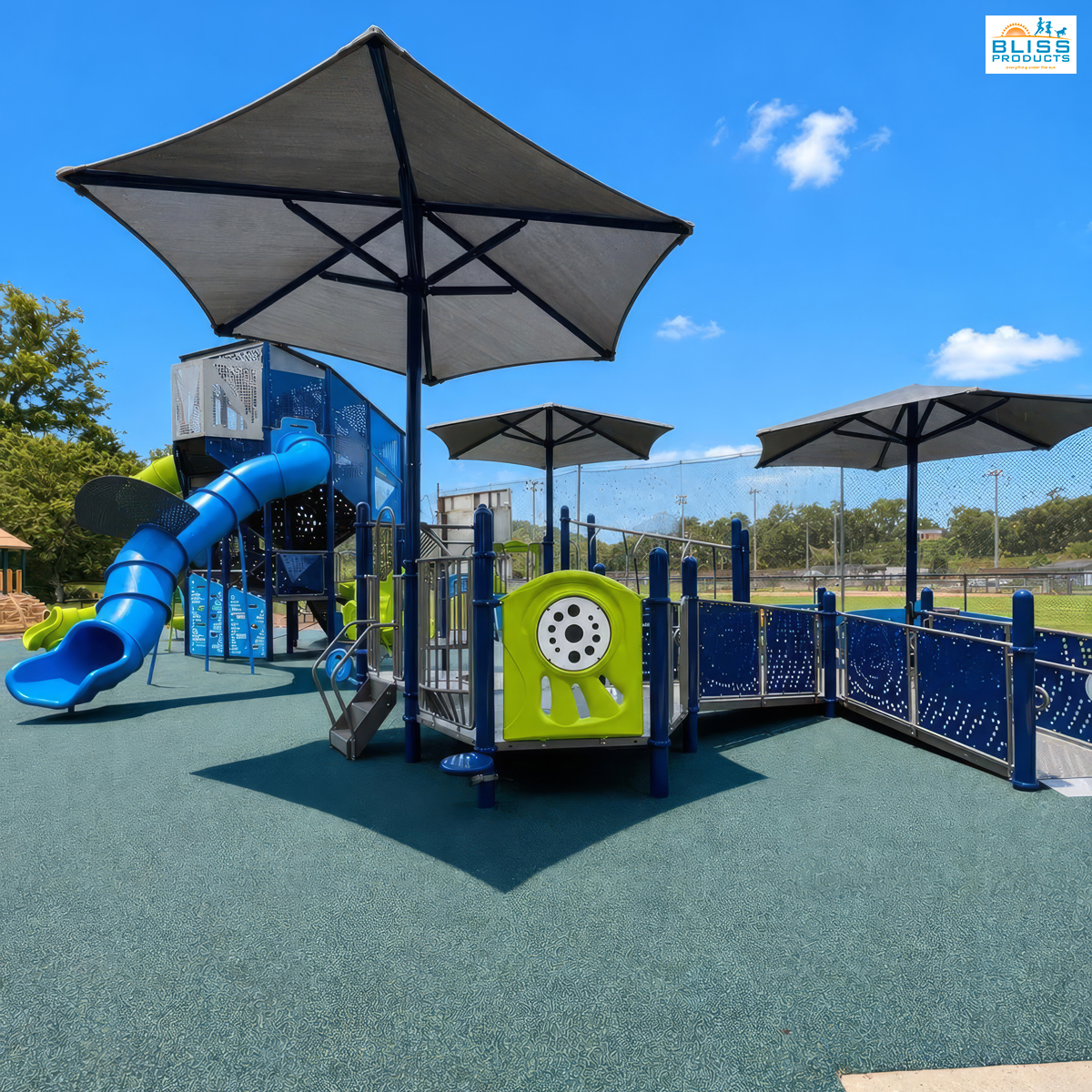 Shade structures above the playground and Olympus Tower at Clay County Sports Complex in Hayesville, North Carolina.