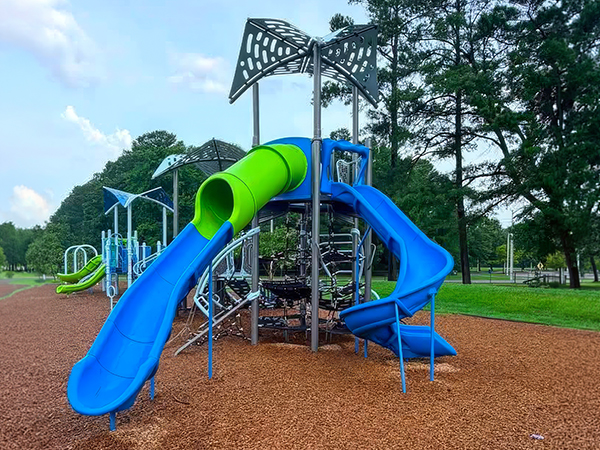 Blue and green slides and climbing features at Princess Anne Athletic Complex in Virginia Beach, Virginia