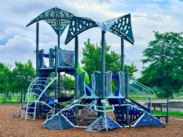 Climbing panels, nets and access points at the Princess Anne Athletic Complex playground in Virginia Beach, Virginia