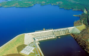 Aerial view of Richard B. Russell Dam and Lake on the Savannah River, representing Elbert County outdoor recreation, lake access, and park planning.