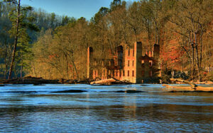 New Manchester Mill ruins at Sweetwater Creek State Park in Douglas County, Georgia, representing trail access, visitor amenities, shade, seating, and park planning.