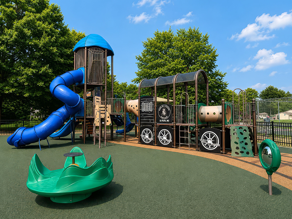Train-themed play structure with blue tower slide at Wills Memorial Park in La Plata, Maryland
