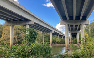 View beneath the US 27 bridge crossing the Chattahoochee River in Franklin, Georgia.