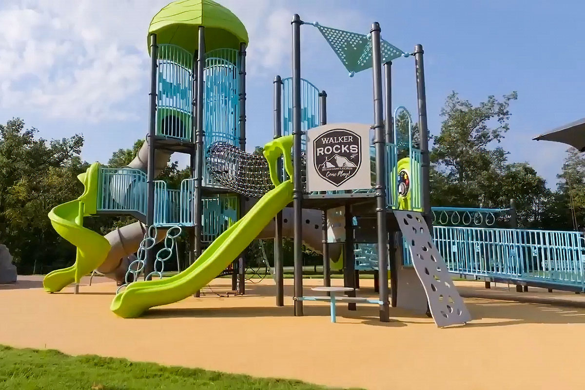 Inclusive playground with ramped access and elevated play equipment at Walker Rocks Park in Walker County, Georgia