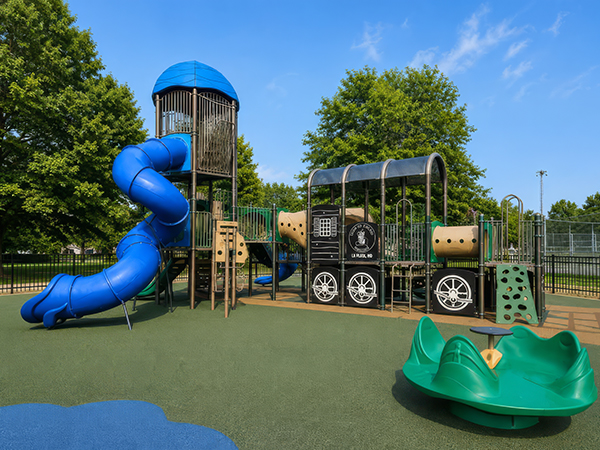 Train-themed playground with blue tower slide at Wills Memorial Park in La Plata, Maryland