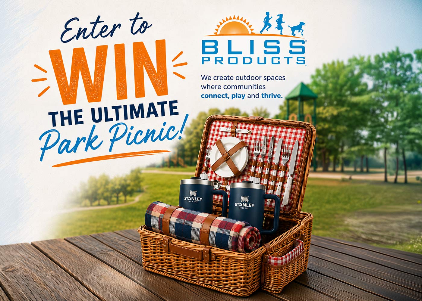 Bliss Products FRPA 2026 Ultimate Park Picnic Giveaway featuring a picnic basket, blanket and two Stanley tumblers